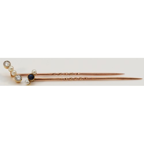 83 - Two 15ct gold Edwardian stick pins, one with old cut brilliant diamonds and seed pearls, the other w... 