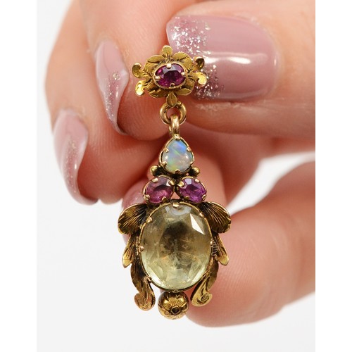 105 - An unmarked 18ct gold antique opal, ruby and paste floral pendant, 30mm total length, 2.6g