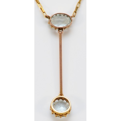 106 - A 9ct gold aquamarine bar drop pendant with a 9ct gold box chain, 40mm pendant drop to a lower 7mm a... 