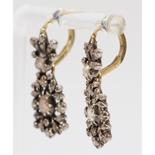 112 - A Georgian pair of unmarked gold and silver set rose cut diamond drop earrings, 25mm total earring l... 