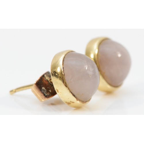 116 - A pair of 9ct gold rub over setting rose quartz cabochon earrings with scroll backs, 10mm diameter, ... 