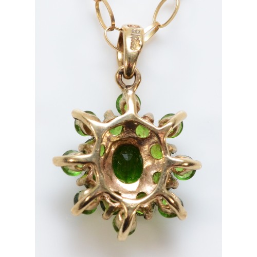 118 - A 9ct gold diopside floral cluster pendant with a chain, 12mm diameter, 2.1g