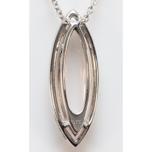 121 - A 9ct white gold diamond and rose quartz pendant with a chain, 23mm pendant length, 3.2g