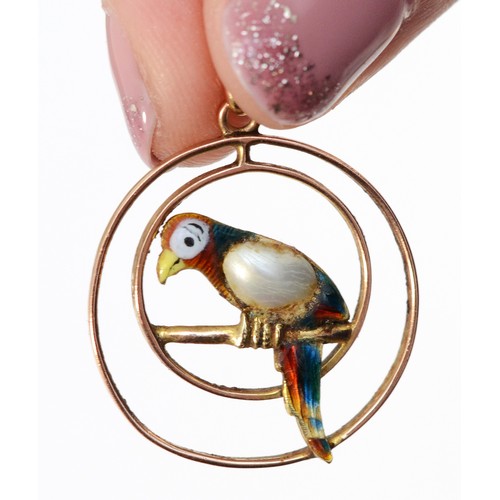 128 - An Edwardian 9ct rose gold, enamel and pearl parrot pendant, diameter 21mm, later chain, 4gm