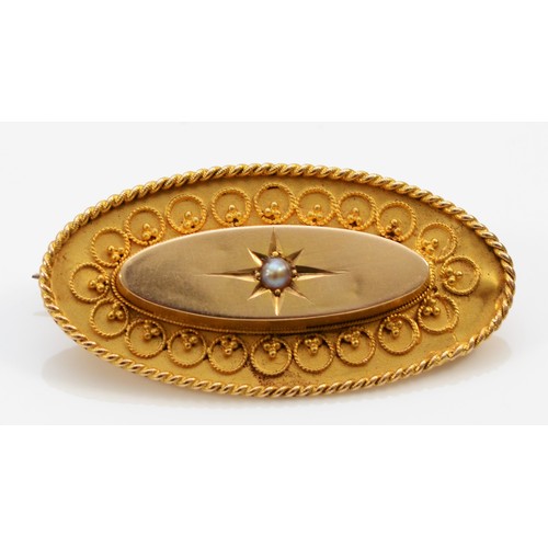 132 - A Victorian 15ct gold and pearl oval brooch, Chester 1892, with wirework border, 34mm, 3gm, case