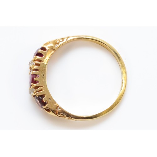 141 - An 18ct gold old cut diamond, ruby and garnet ring, N, 2.9g