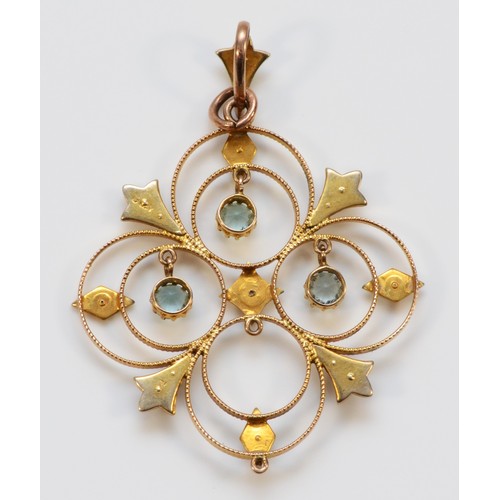 148 - A 9ct gold Edwardian seed pearl and paste pendant, two paste hangers missing, 45mm total length, 3.1... 