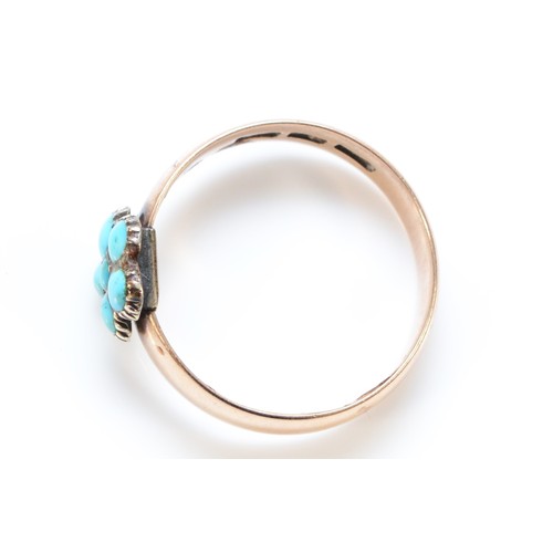 150 - A 9ct rose gold antique turquoise floral cluster ring, 4mm wide band, O, 3g