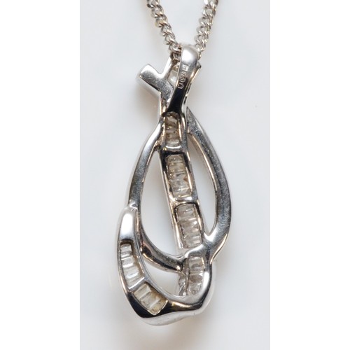 159 - An 18ct white gold diamond pendant with chain, baguette and brilliant cut diamonds in an interlockin... 