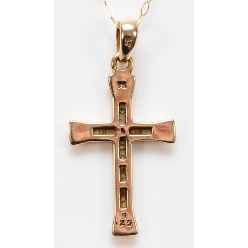 163 - A 9ct gold cross pendant with a chain, channel set brilliant cut diamonds, 25mm cross length, 2.3g