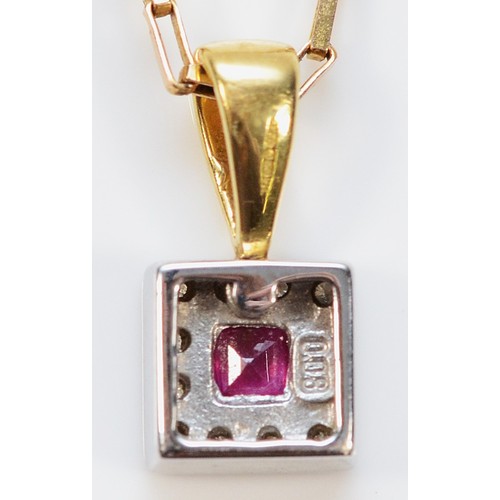 173 - An 18ct gold, ruby and brilliant cut diamond square pendant, 14mm overall, 1.5gm, to a 9ct gold chai... 