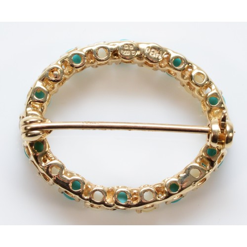 185 - A 9ct gold vintage turquoise and seed pearl wreath brooch, London 1986, 27mm across, 3.9g