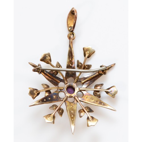 201 - A 9ct rose gold Victorian seed pearl and amethyst brooch with pendant hook, 35mm diameter, 3.2g