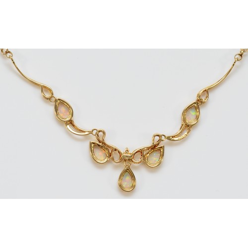 203 - An 18ct gold opal and diamond necklace, two brilliant cut diamonds surrounded by five 7mm opal tear ... 