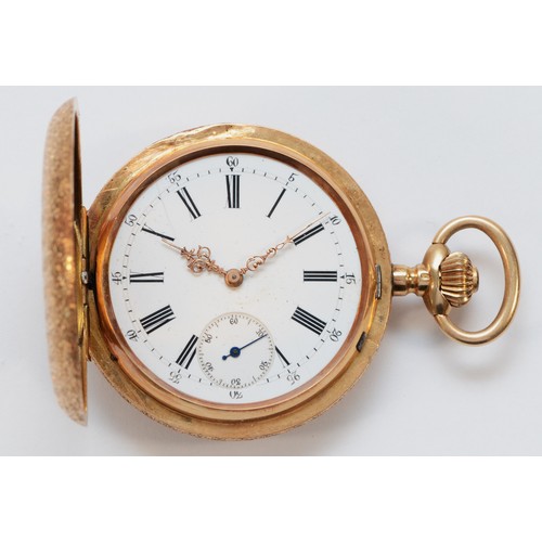 225 - Monard, Geneve, a 14K gold key wind full hunter pocket watch, the white enamel dial with gold ornate... 