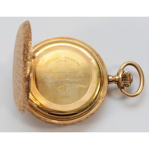 225 - Monard, Geneve, a 14K gold key wind full hunter pocket watch, the white enamel dial with gold ornate... 