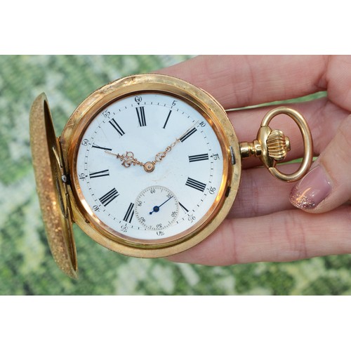 225 - Monard, Geneve, a 14K gold key wind full hunter pocket watch, the white enamel dial with gold ornate... 