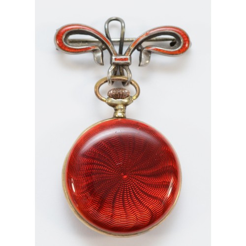 226 - An Edwardian silver gilt and red guilloche enamel keyless wind ladies fob watch, London import 1908,... 