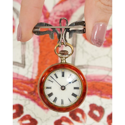 226 - An Edwardian silver gilt and red guilloche enamel keyless wind ladies fob watch, London import 1908,... 