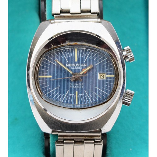 232 - Memostar Alarm, a stainless steel manual wind date gentleman's wristwatch, later bracelet, original ... 