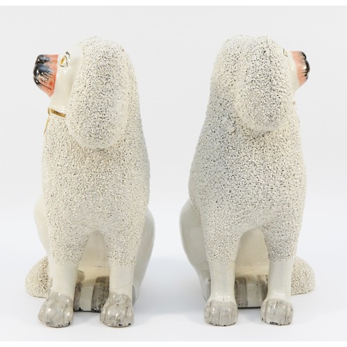 278 - A pair of late nineteenth century Staffordshire Pottery dogs, modelled as Poodles with textured or c... 