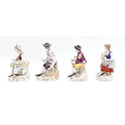 308 - Four late nineteenth century Sitzendorf porcelain models, depicting flower merchants, including two ... 