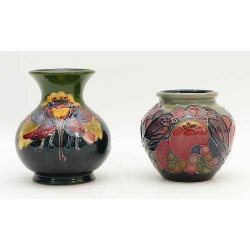 353 - Two Moorcroft small vases, to include, the pattern 'Finches and Fruit, H-8cm and marked with a flag ... 