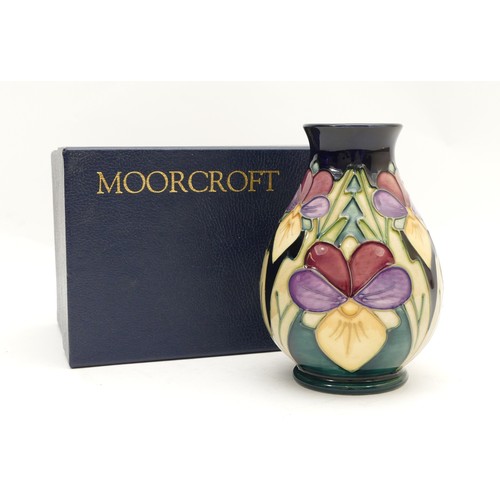 365 - A Moorcroft vase, in the pattern, 'Heartsease', designed by J Moorcroft, dated 1994, H-14cm and boxe... 