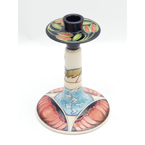 382 - A Moorcroft Trial candlestick holder, depicting gulls over a bay with a floral border, designed by P... 