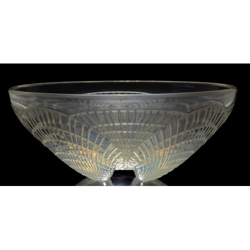 408 - René Lalique (French, 1860-1945): A Coquilles opalescent and clear glass bowl, 16cm diameter, engrav... 