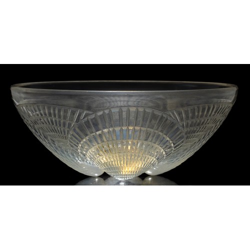 408 - René Lalique (French, 1860-1945): A Coquilles opalescent and clear glass bowl, 16cm diameter, engrav... 