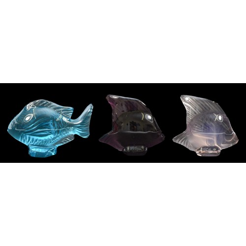 416 - Three Lalique Paris fish or 'Poisson' seals, to include Sapphire, Dark Violet and Light Violet, in b... 