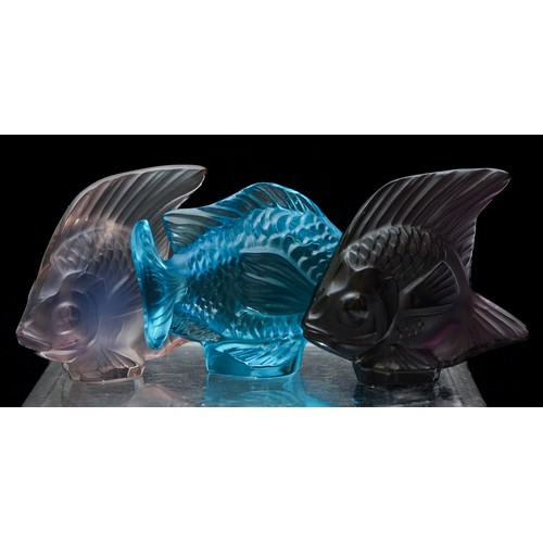 416 - Three Lalique Paris fish or 'Poisson' seals, to include Sapphire, Dark Violet and Light Violet, in b... 