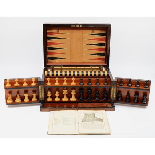 434 - Victorian burr walnut games compendium, complete with chess/backgammon board and horse racing game, ... 