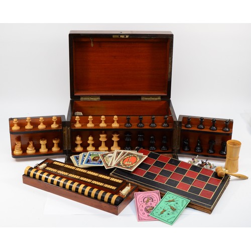 434 - Victorian burr walnut games compendium, complete with chess/backgammon board and horse racing game, ... 