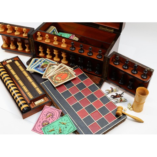 434 - Victorian burr walnut games compendium, complete with chess/backgammon board and horse racing game, ... 