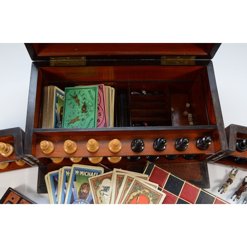 434 - Victorian burr walnut games compendium, complete with chess/backgammon board and horse racing game, ... 