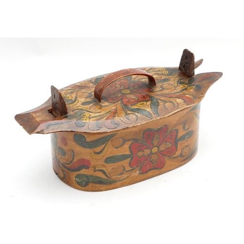 436 - A Scandinavian Folk Art bentwood oval box, handpainted and carved with floral details and a small wo... 