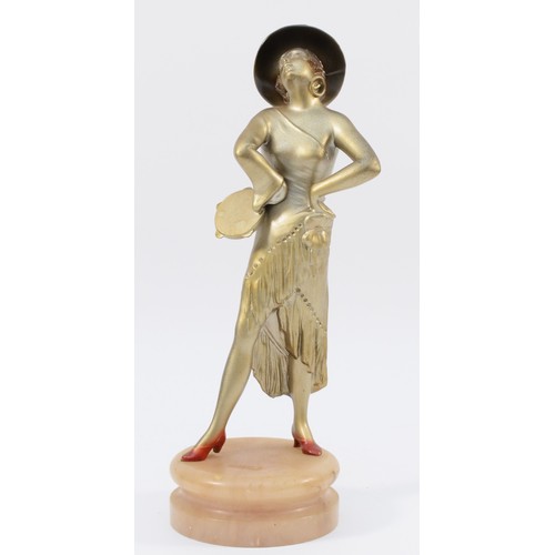 448 - After Lorenzl, a cold painted bronze statue featuring a female tambourine player, H-27cm, including ... 