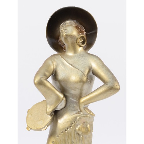 448 - After Lorenzl, a cold painted bronze statue featuring a female tambourine player, H-27cm, including ... 