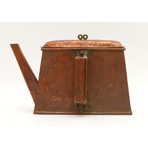 454 - An Arts & Crafts copper kettle, of narrow form with side handle, embossed J, P, 17, 22, John Pearson... 