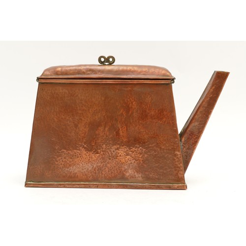 454 - An Arts & Crafts copper kettle, of narrow form with side handle, embossed J, P, 17, 22, John Pearson... 