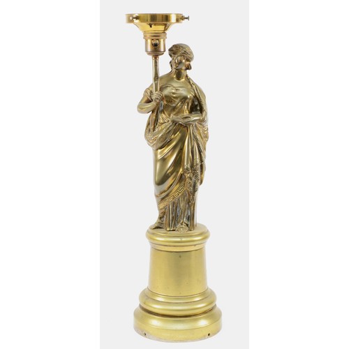 457 - A late 19th century gilt bronze newel post lamp, in the form of a classical lady, electric light fit... 