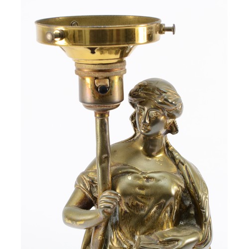 457 - A late 19th century gilt bronze newel post lamp, in the form of a classical lady, electric light fit... 