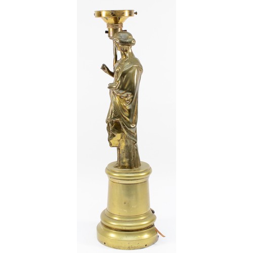 457 - A late 19th century gilt bronze newel post lamp, in the form of a classical lady, electric light fit... 