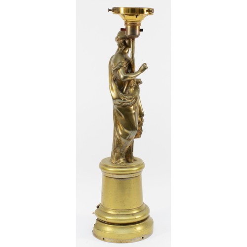 457 - A late 19th century gilt bronze newel post lamp, in the form of a classical lady, electric light fit... 