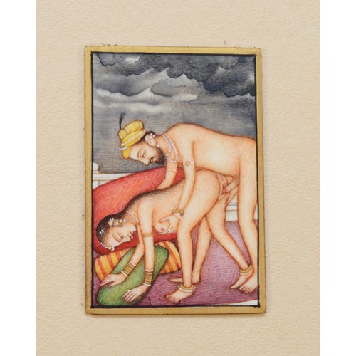 490 - Two late 19th/early 20th century Indian Mughal painted ivory erotic scenes, 5.5 x 3.5cm, mounted on ... 