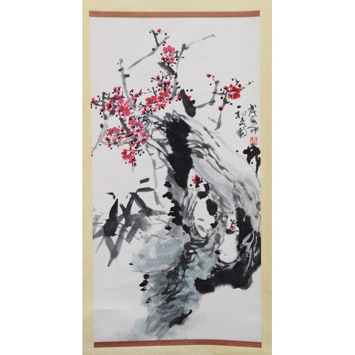 494 - A Japanese scroll print of a tree in blossom, signed with red cartouche, 180cm