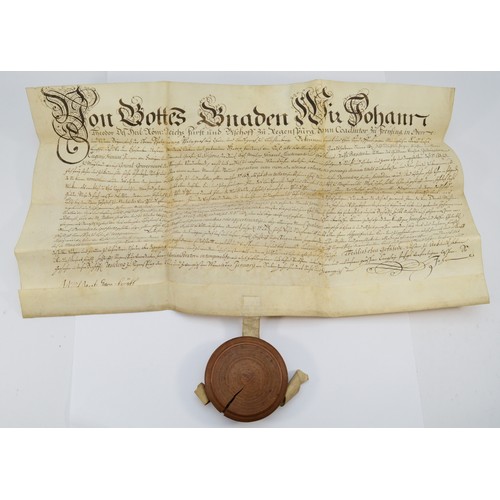 496 - Johann Theodor of Bavaria, potential title deeds with wooden cased wax seal, dated January 1725 of t... 