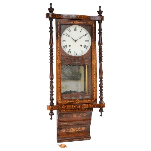 502 - An American 19th century ornate rosewood and inlaid wall clock, mirrored interior, pendulum, 96cm